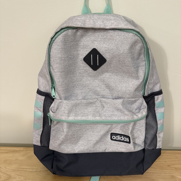 Adidas Grey‎ & Teal Green Classic 3 Stripe Backpack/Book Bag/Laptop Bag - Picture 1 of 5